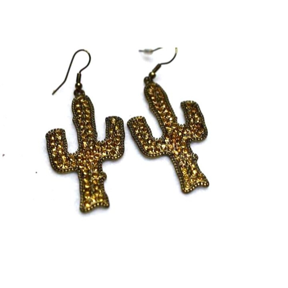 Western Bronze Rhinestone Bedazzled Cactus Fish Hook 2" Earrings